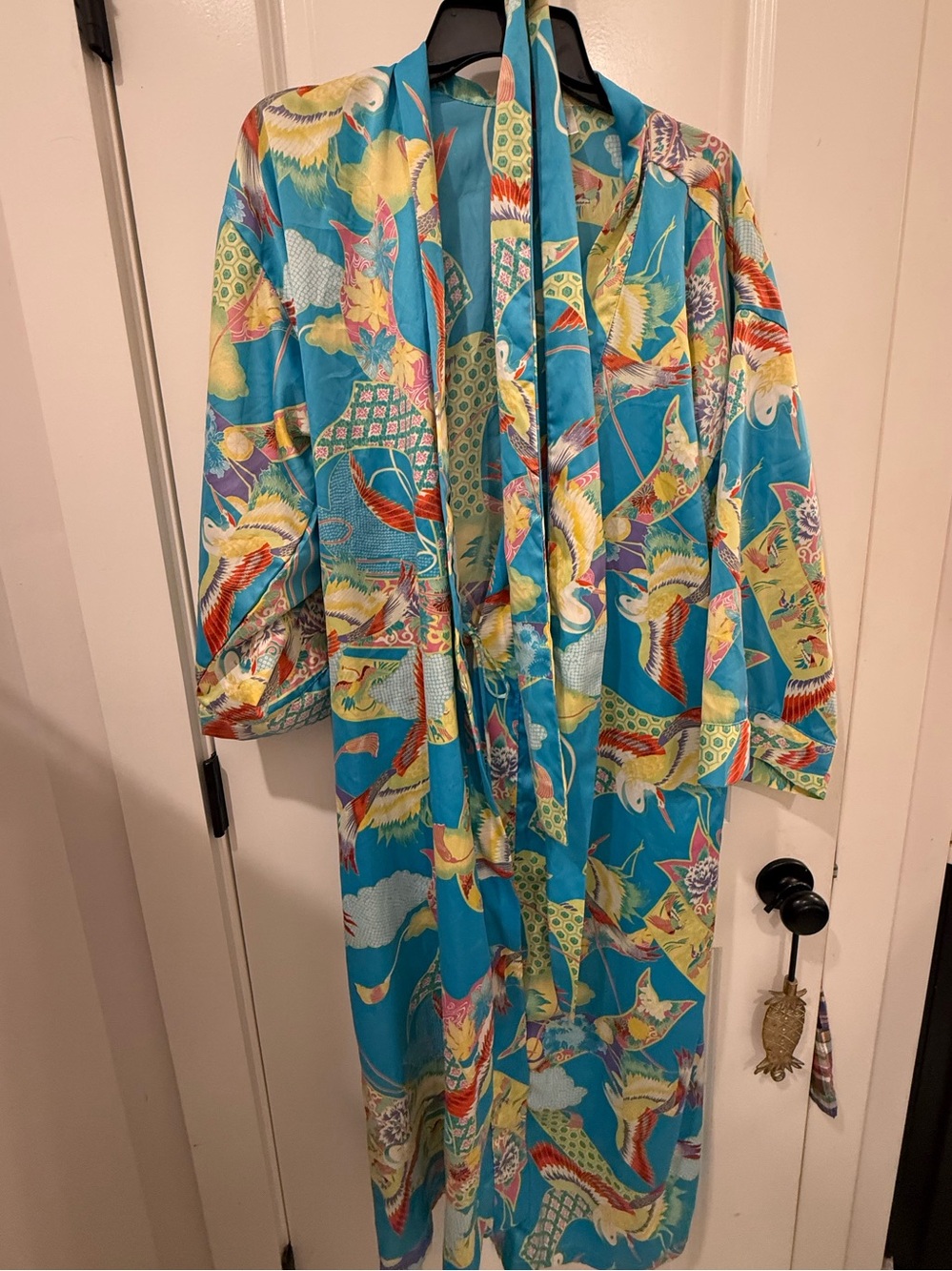 Turquoise Floral & Crane Print Satin Robe